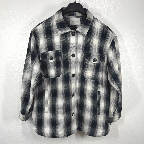 Lucky Brand Plaid Shirt Jacket Cotton‎ Button Front Shacket Black White Large - Picture 1 of 9